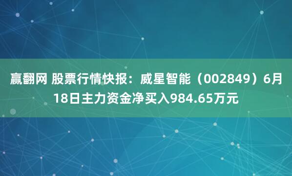 赢翻网 股票行情快报：威星智能（002849）6月18日主力资金净买入984.65万元
