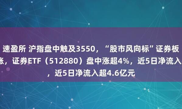 速盈所 沪指盘中触及3550，“股市风向标”证券板块午后飙涨，证券ETF（512880）盘中涨超4%，近5日净流入超4.6亿元